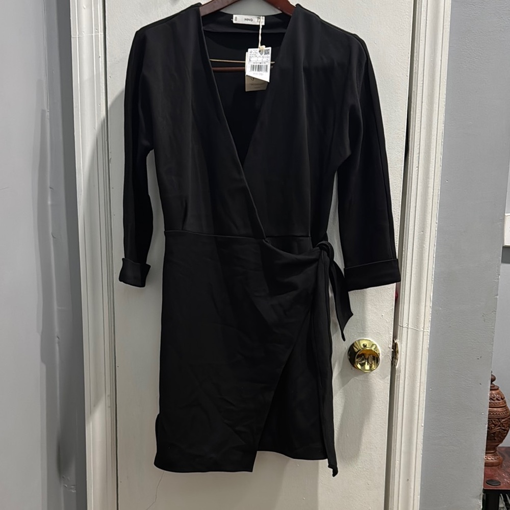 Mango Black Sheath Wrap Dress V-Neck 3/4 Sleeve
